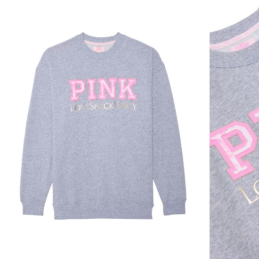 PINK x LoveShackFancy Oversized Crew Sweatshirt grey rare sold out NWT logo fall